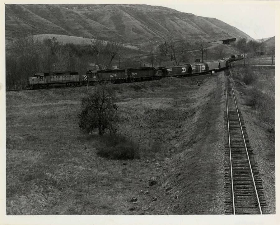 The Grangeville Local leaving the Lewiston-Orofino line at Spalding, Idaho on its way to Grangeville.