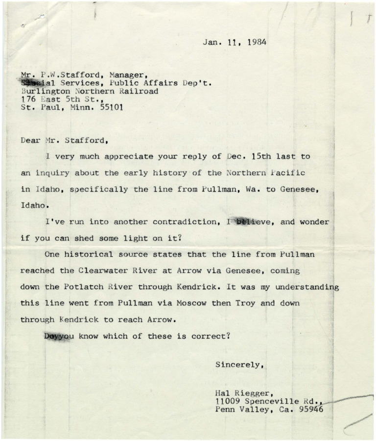 A letter from Hal Riegger to P.W. Stafford, the Director of Media Services at Burlington Northern Railroad.