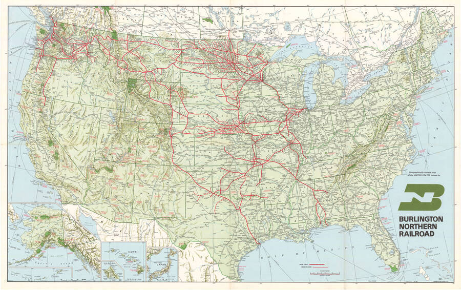 A map of all routes within the Burlington Northern Railroad spanning across vast areas of the United States.