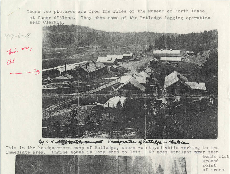 A paper copy of a photograph of the Rutledge logging operation near Clarkia.