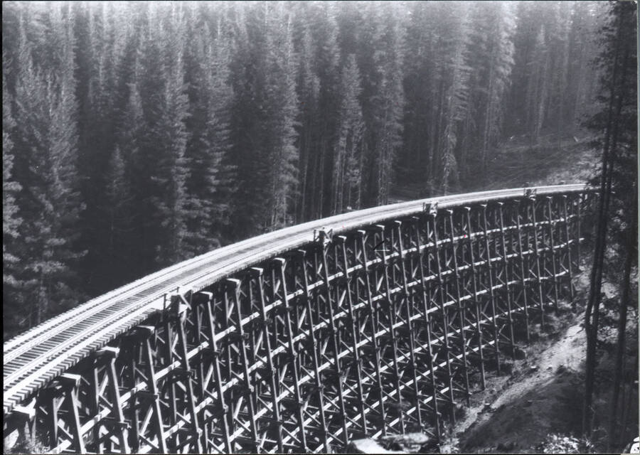 A photograph of a vacant wooden bridge for freight train crossings. The photograph shows the entire scaffolding of the bridge, allowing for the full height of the bridge to be registered.  Located '3 and 1/2 miles South of Headquarters,' according to a caption.