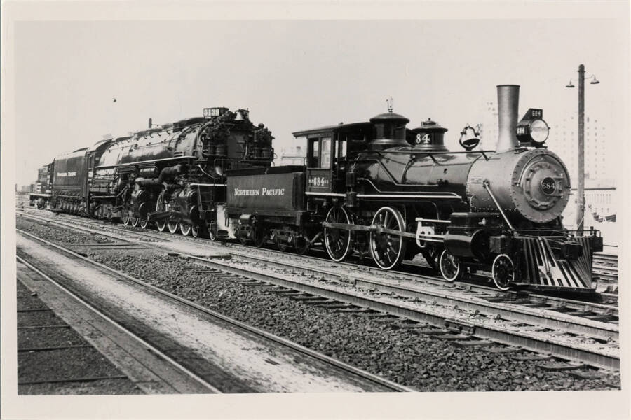 A photograph of Northern Pacific Train Engine 684, taken by famous Northern Pacific photographer Warren McGee, who took many renowned photos of the Northern Pacific Railroad.