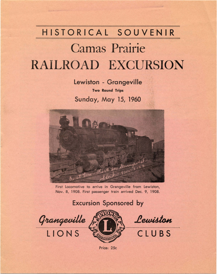A historical souvenir documenting an excursion of the Camas Prairie Railroad moving from Lewiston to Grangeville and back. Sponsored by the Grangeville Lewiston Lions Club, Ann Adams writes on the history of the Camas Prairie Railroad, as well providing information about the excursion at hand.