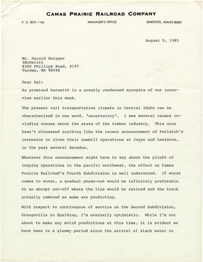 Correspondence between Hal Riegger and L.L. Carter providing a brief synopsis of an interview carried out on behalf of Camas Prairie Railroad Company.