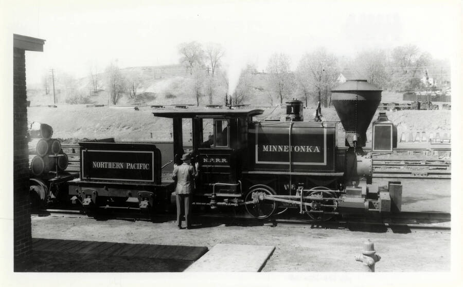 A photograph of Northern Pacific Train Engine, nicknamed 'Minnetonka' at St. Paul
