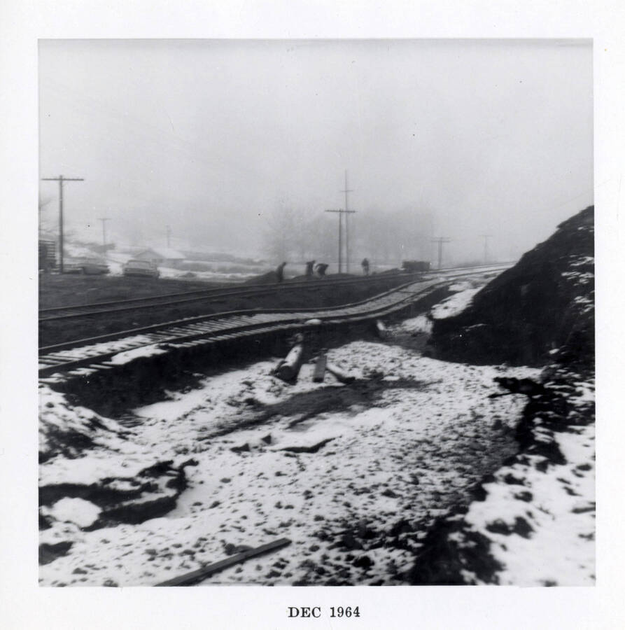A photograph of the snowy train tracks of the Camas Prairie Railroad in East Lewiston.