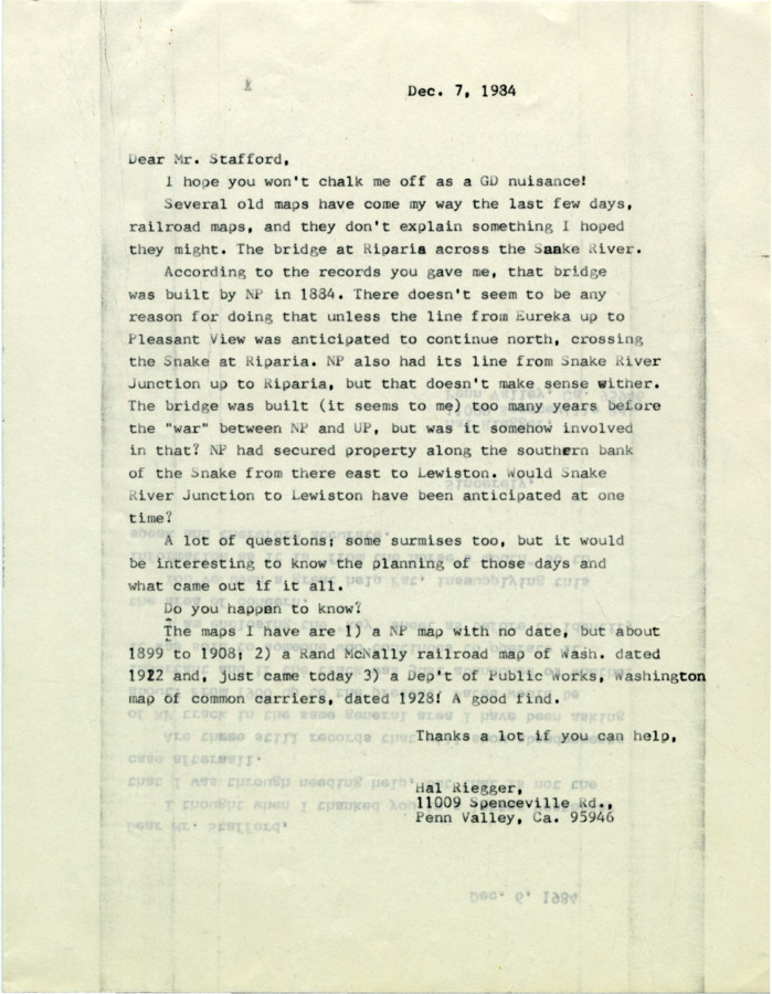 A letter from Hal Riegger to Patrick W. Stafford regarding the railroad bridge across the Snake River at Riparia, Washington.
