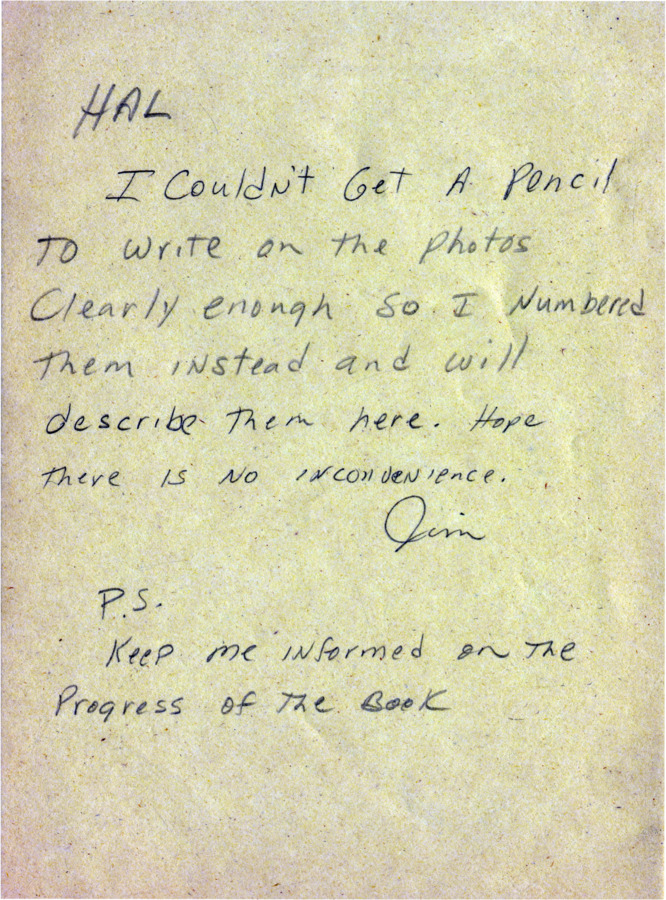 Correspondence between Hal Riegger and Jim Morefield, including a description of Jim Morefield's photographs.