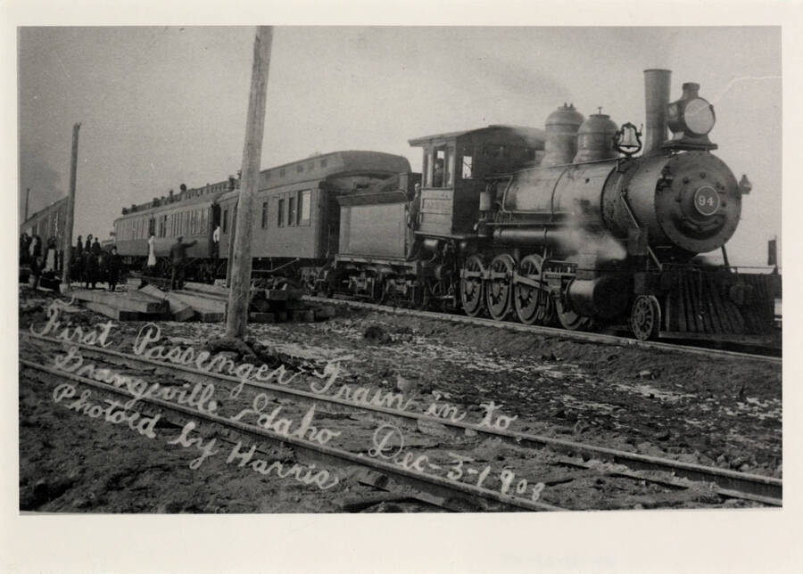 The first passenger train into Grangeville, Idaho, December 3, 1908.