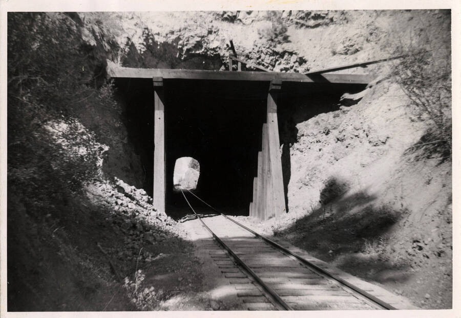 A photograph of the East Guill End of Tunnel No. 5 on the Lapwai Branch of the Camas Prairie Railroad. In this picture, you can see all the way through the tunnel.