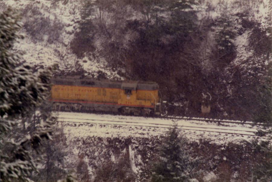 A color photograph of a freight train going down the tracks in some snowy woods.