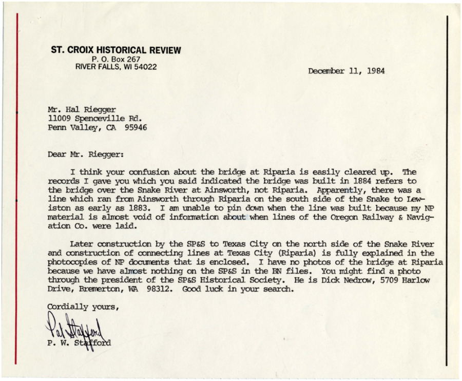 A letter from Patrick W. Stafford to Hal Riegger regarding the railroad bridge across the Snake River at Riparia, Washington.