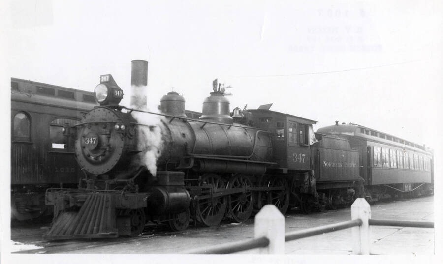 A photograph of Northern Pacific Train engine no. 347 at Lewiston Train Yards in 1931, Northern Pacific's last class E-3. NP and UP power was used on the Camas Prairie Railroad.