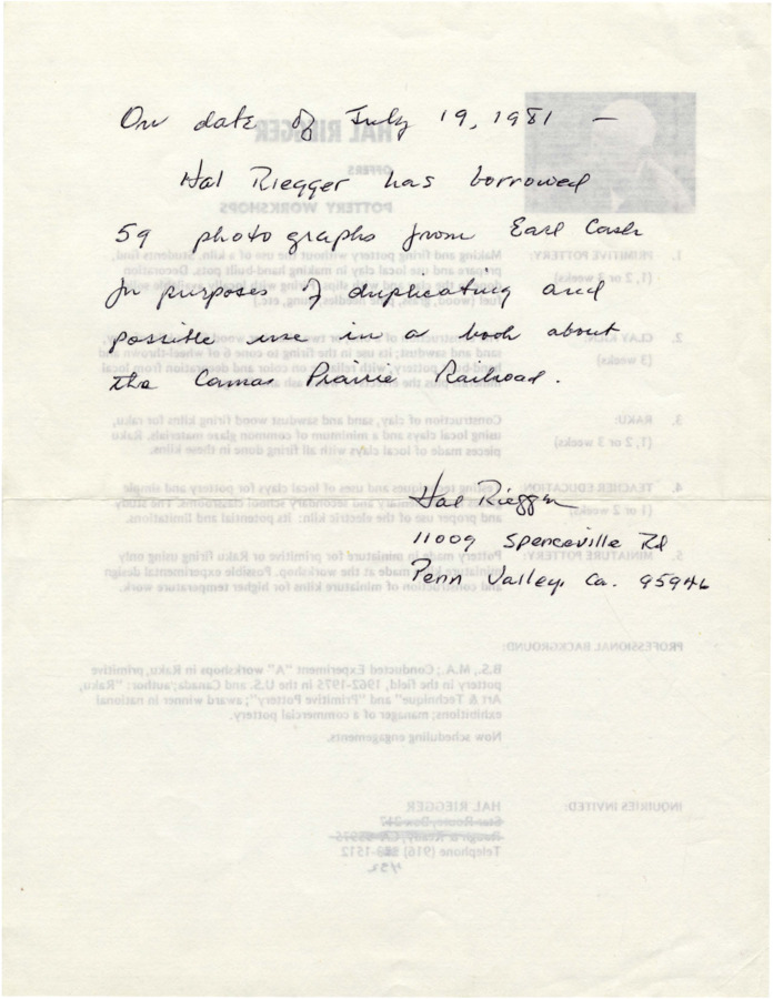 A Statement of Intent from Hal Riegger to Earl Cash regarding the borrowing of his photographs, in order to officiate and document the borrowing of photographs, as well as contractually bind the responsibility of returning the photographs.