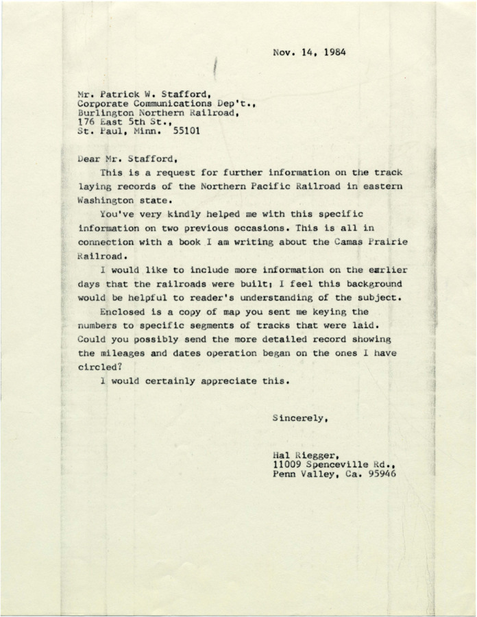 A letter from Hal Riegger to Patrick W. Stafford in which Riegger requests further information on track laying records for the Northern Pacific Railroad in eastern Washington.