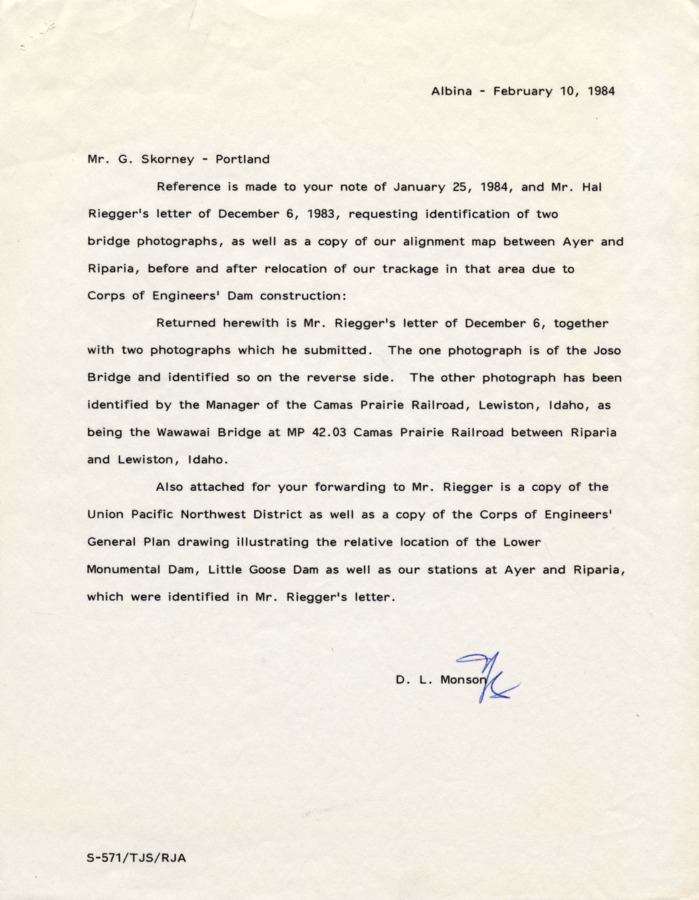 A letter from D.L. Monson to G. Skorney referencing previous correspondence of the latter and Hal Riegger requesting identification of railroad bridge photographs.