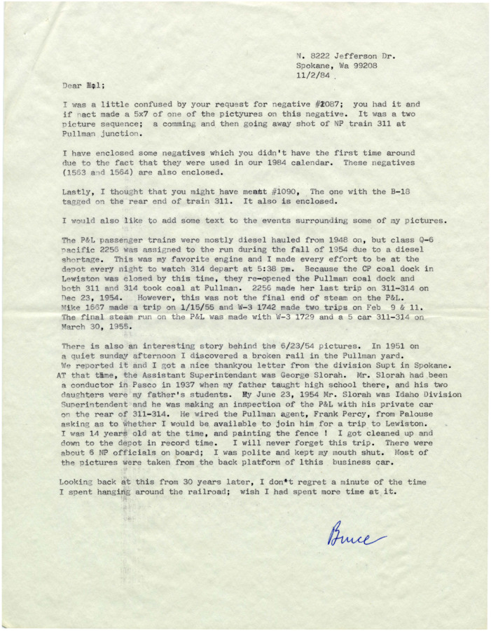 Correspondence between Bruce Butler and Hal Riegger regarding several stories, histories, and pictures of trains and interactions on the Camas Prairie Railroads.
