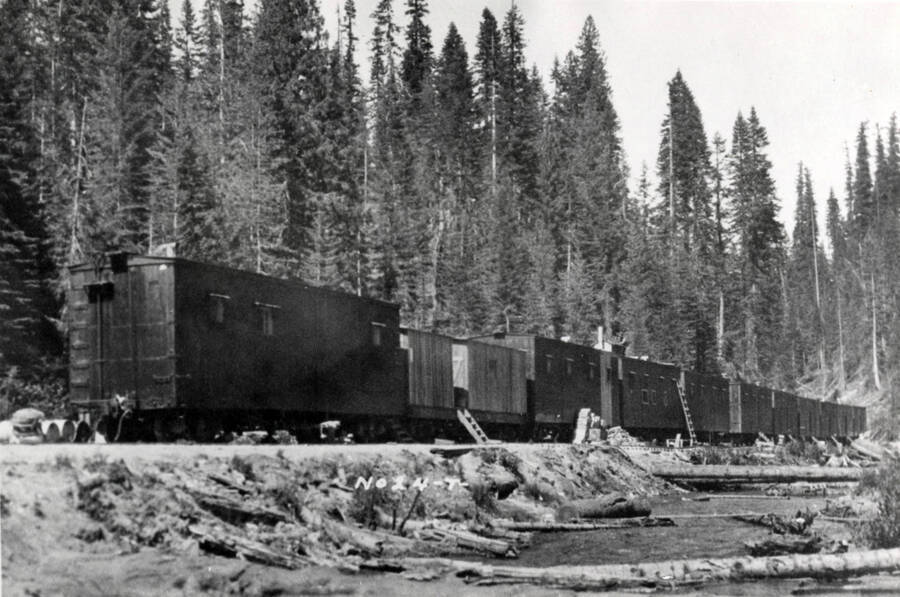 A photograph of the train car cabins for residents/permanent employees at Potlatch Forest, Inc. in Potlatch, Idaho.
