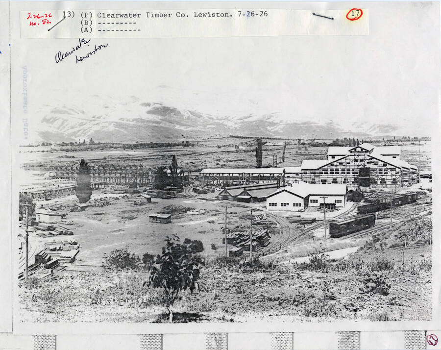 A paper copy of a photograph of the Clearwater Timber Co. in Lewiston, Idaho.