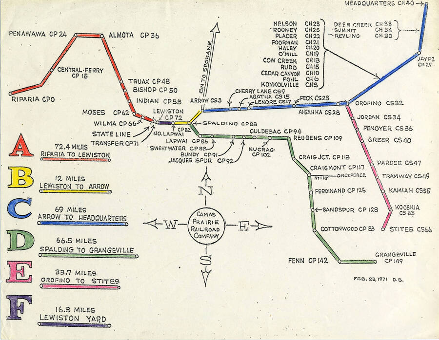 Color-coded Line-Route Map of The Camas Prairie Railroad Routes, including more detailed descriptions of each railroad stop.