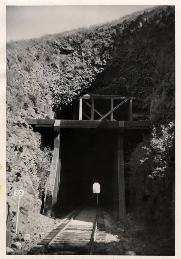 A photograph of Tunnel No.3 on the Lapwai Branch of the Camas Prairie Railroad. The picture is taken from the West Lewiston end.