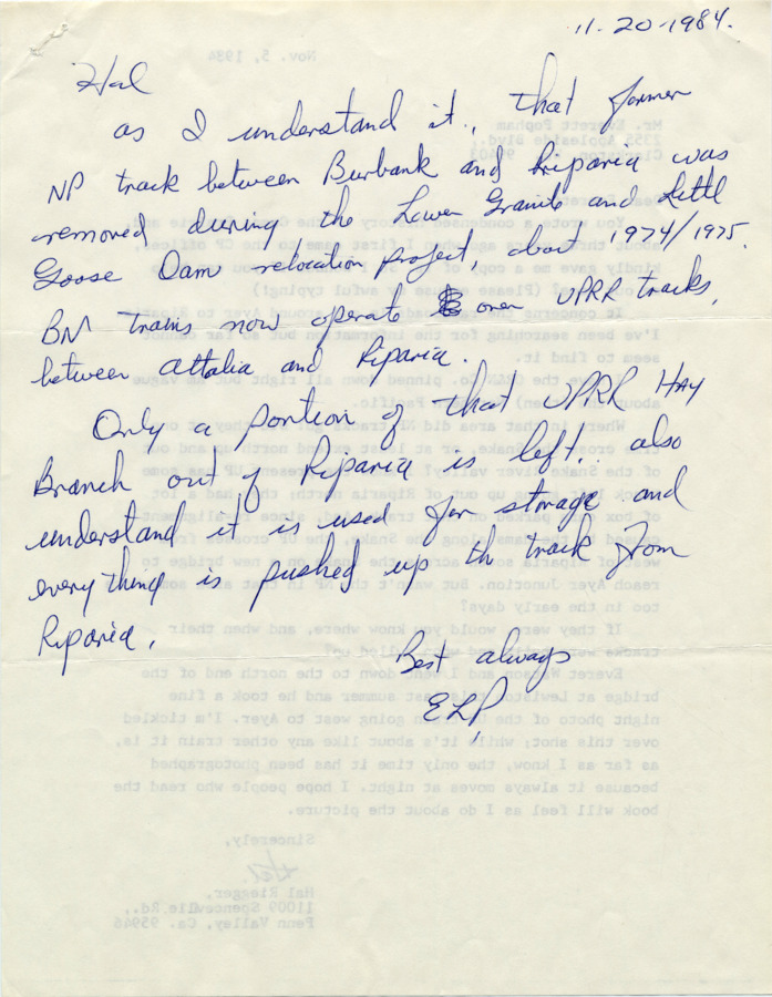 Correspondence between Hal Riegger and Everett Popham regarding the Union Pacific Railroad in the Riparia area.