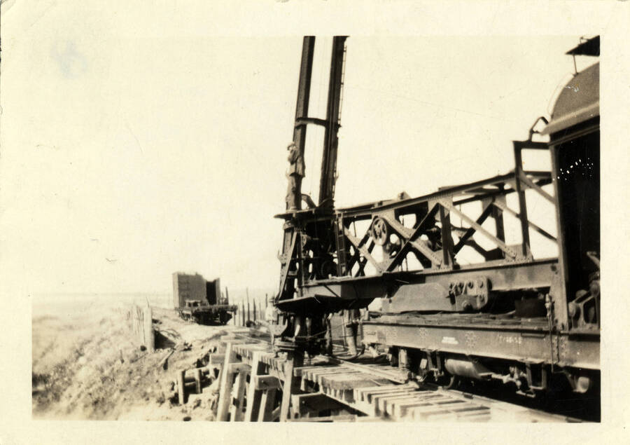 Pile driving occurring on bridge 66 of the Camas Prairie Railroad.