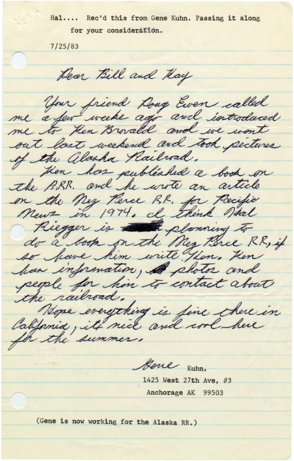 A letter from Gene Kuhn to Bill and Kay Fisher that Bill sent on to Hal Riegger.