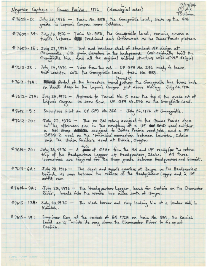List of captions created by Todd Sullivan describing photographs he took on the Camas Prairie in 1976.