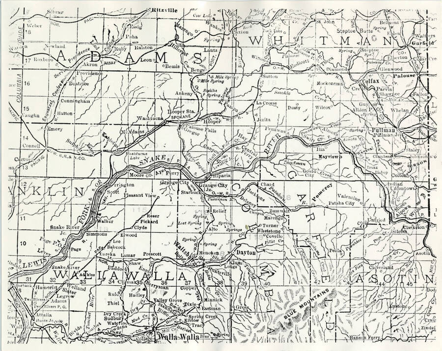 A map of railways in southeast Washington and northeast Oregon.
