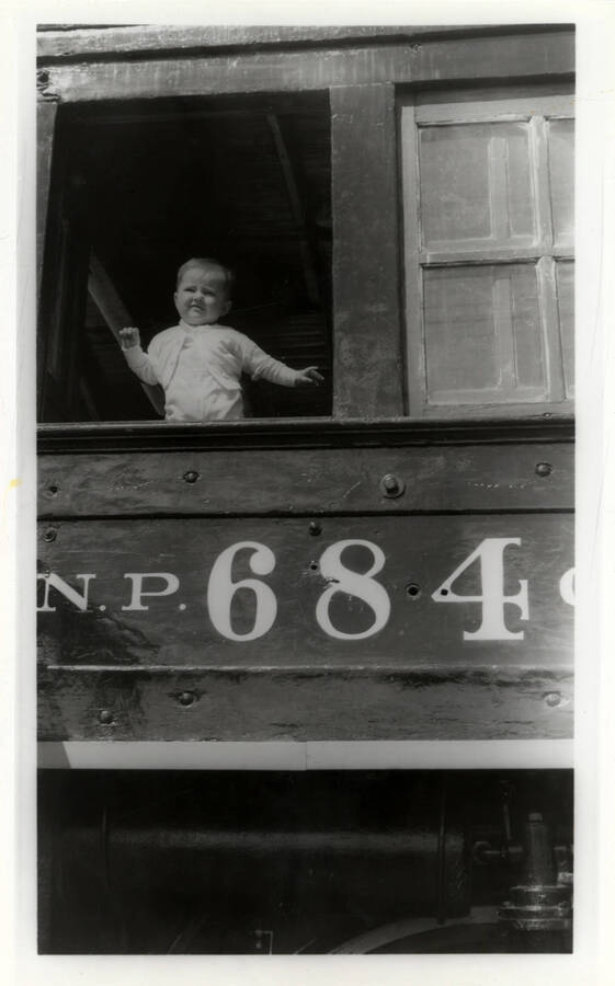 A child inside the cab of Northern Pacific Train Engine 684 during one of the times that it was on display.