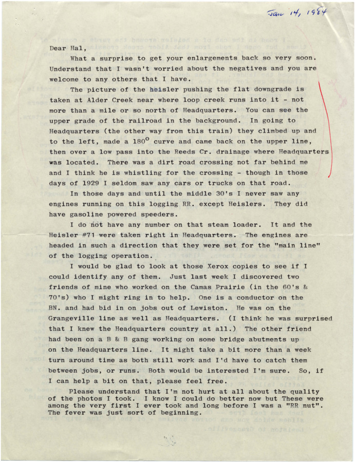 Correspondence between Al Butler and Hal Riegger discussing descriptions of several pictures, as well as personal experience on the Camas Prairie Railroad.