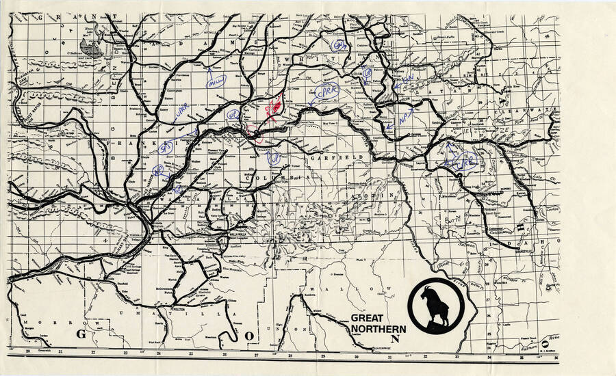 A scan of a map of the Great Northern Railroad in Oregon and Washington.