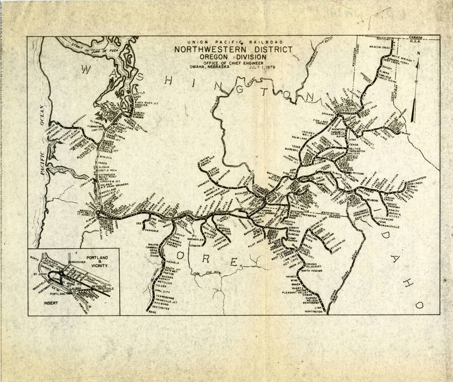 A map of the Oregon Division of the Northwestern District of the Union Pacific Railroad.