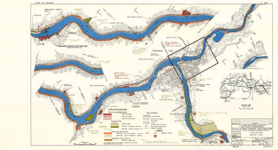 A detailed map of the U.S. Army Engineer Districts' plan and execution of the construction of the Lower Granite Lock and Dam.