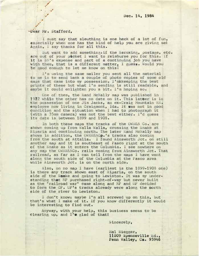 A letter from Hal Riegger to Patrick W. Stafford. Along with the letter, Riegger sent Stafford photo copies of several maps.