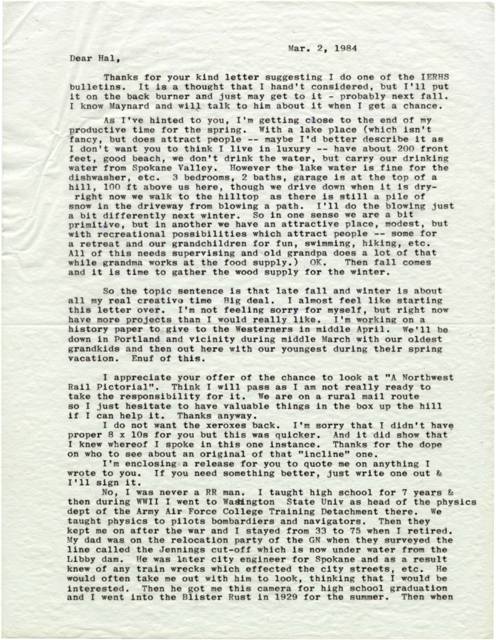 Correspondence between Al Butler and Hal Riegger regarding the personal and professional life of Al Butler, as well as what inspired his interest in freight trains and knowledge thereof.