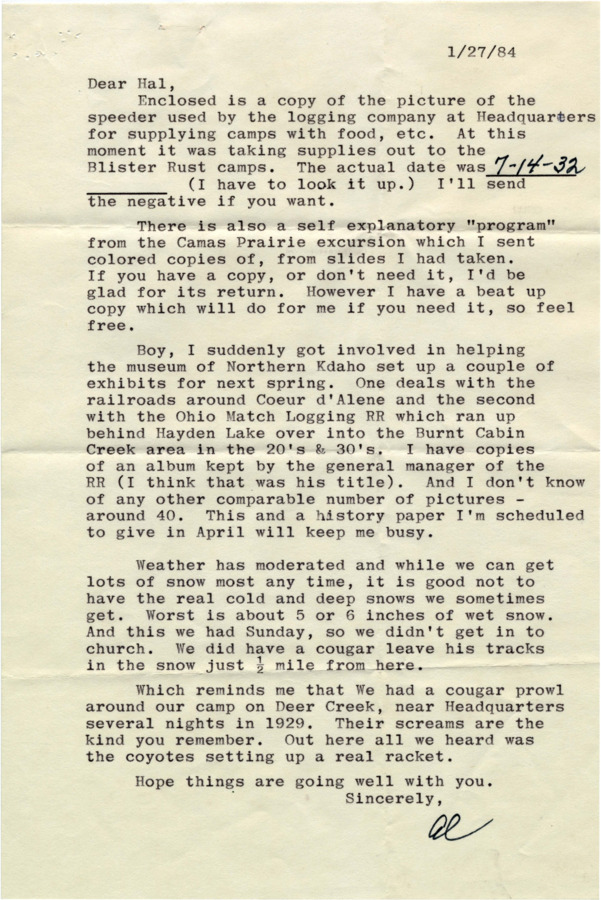 Correspondence between Al Butler and Hal Riegger. Butler provides descriptions of photographs and programs sent alongside the letter, as well as several life updates. There seems to be some sort of friendship or fondness developing between the two correspondents.