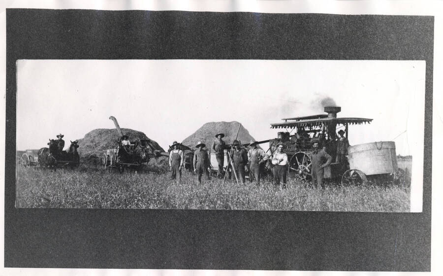 Pictured is a threshing crew and equipment on the Camas Prairie