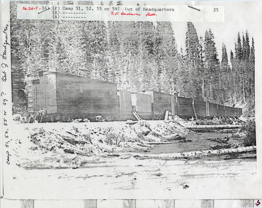 A paper copy of a photograph of an established train camp (possibly Camp 51, 52, 55 or 59) out of Headquarters.