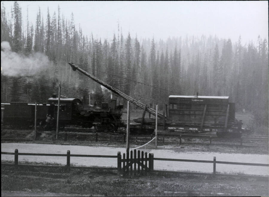 A photograph of a freight train moving across a countryside landscape, a coniferous mountainside in the background, and a picket fence in the foreground.