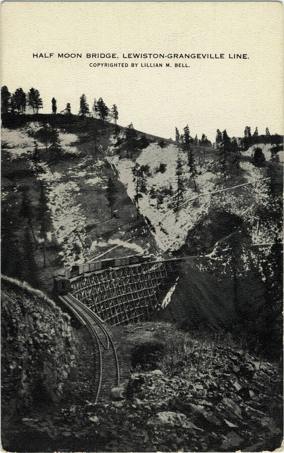 A postcard of Half Moon Bridge on the Lewiston-Grangeville line of the Camas Prairie Railroad.