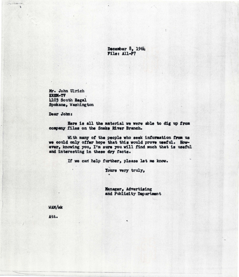 Correspondence between John Ulrich and the Manager of the Advertising and Publicity Department, providing information and company files regarding the Snake River Branch Railway System.