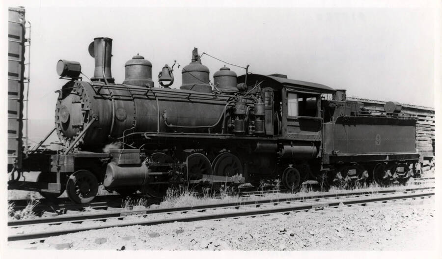 A photograph of NP&I Engine 9 at Craigmont. It hauled Engine 4 from Nez Perce in the middle of the night without any oil in the journals. "A wonder they made it."