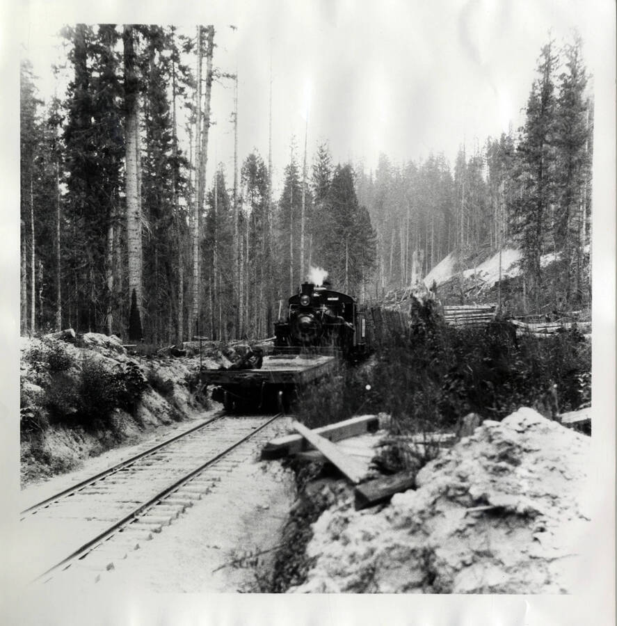 A photograph of a freight train approaching the camera in mountainous terrain, snow covering much of the ground, suggesting winter months in terms of time. The same photograph as the previous picture, just a larger print with white borders.