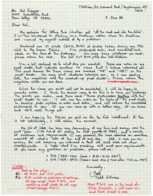 Todd Sullivan apologizes for his unresponsiveness and sends the photographs that Hal Riegger has asked for. He confirms that he may keep what he needs and must send back the rest. Sullivan also says that he is keeping the $30 down payment unless Riegger is not satisfied with that. Sullivan also provides his phone numbers as well as times in which he can call if he needs.