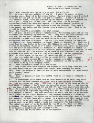 Transcript from Hal Riegger's interview with retired Camas Prairie railroad auditor Verne Jackson.
