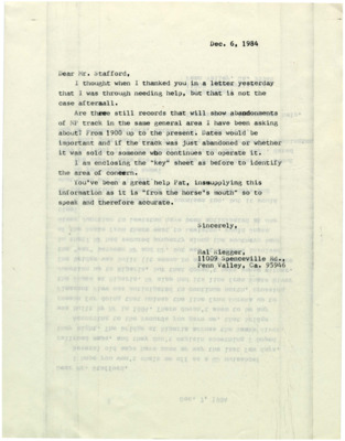 A letter from Hal Riegger to Patrick W. Stafford regarding abandonments of Northern Pacific Railroad lines.