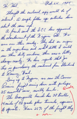 Correspondence between Ivan Ergish and Hal Riegger regarding information about the Cragin Mountain Railroad Line, specifically regarding the Nez Perce P.R.