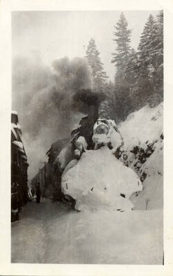 A photograph of a train engine covered almost completely with snow.